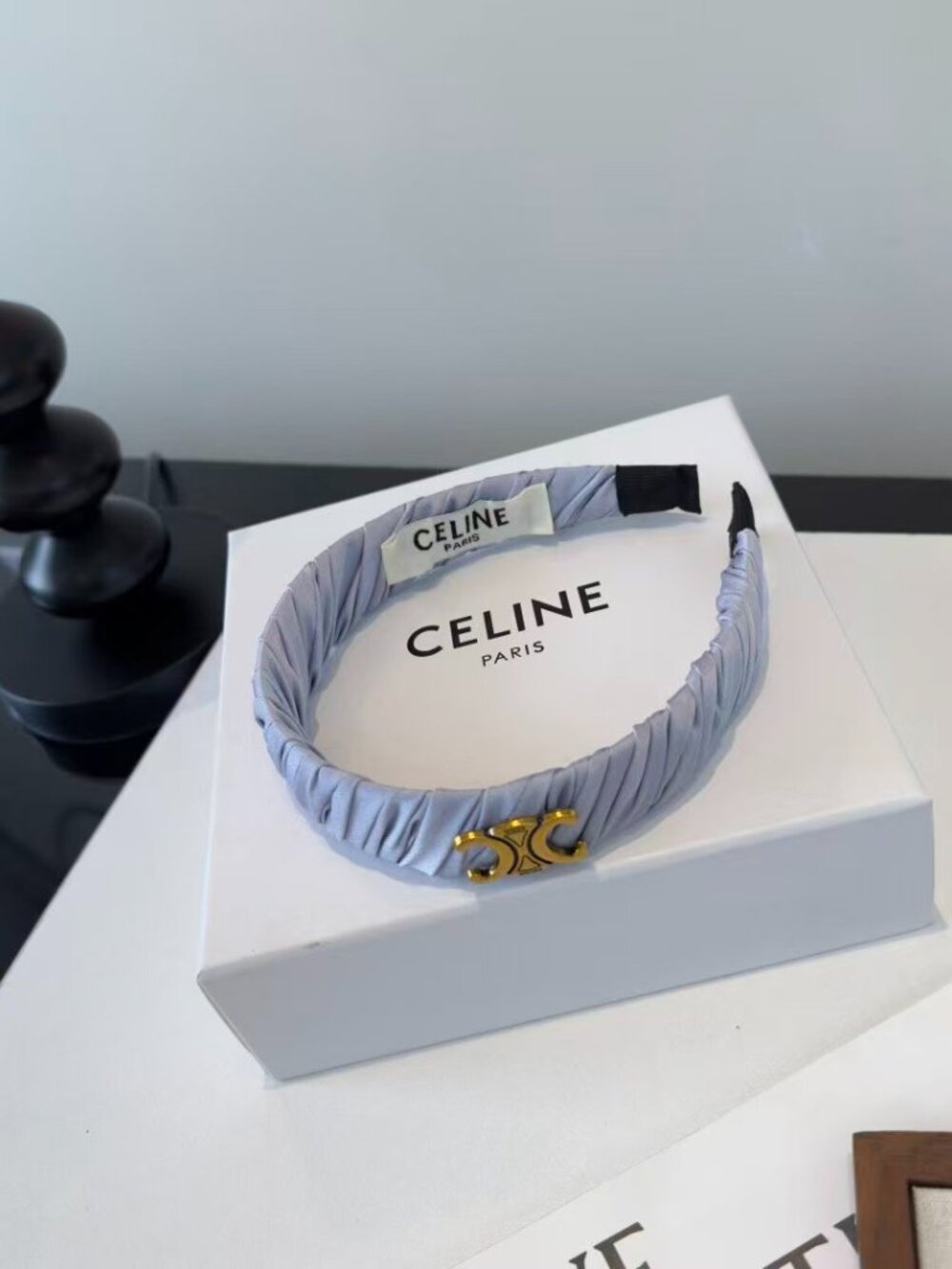 Celine Light Blue Ruched Satin Triomphe Wide Headband Antique Gold Metal Logo